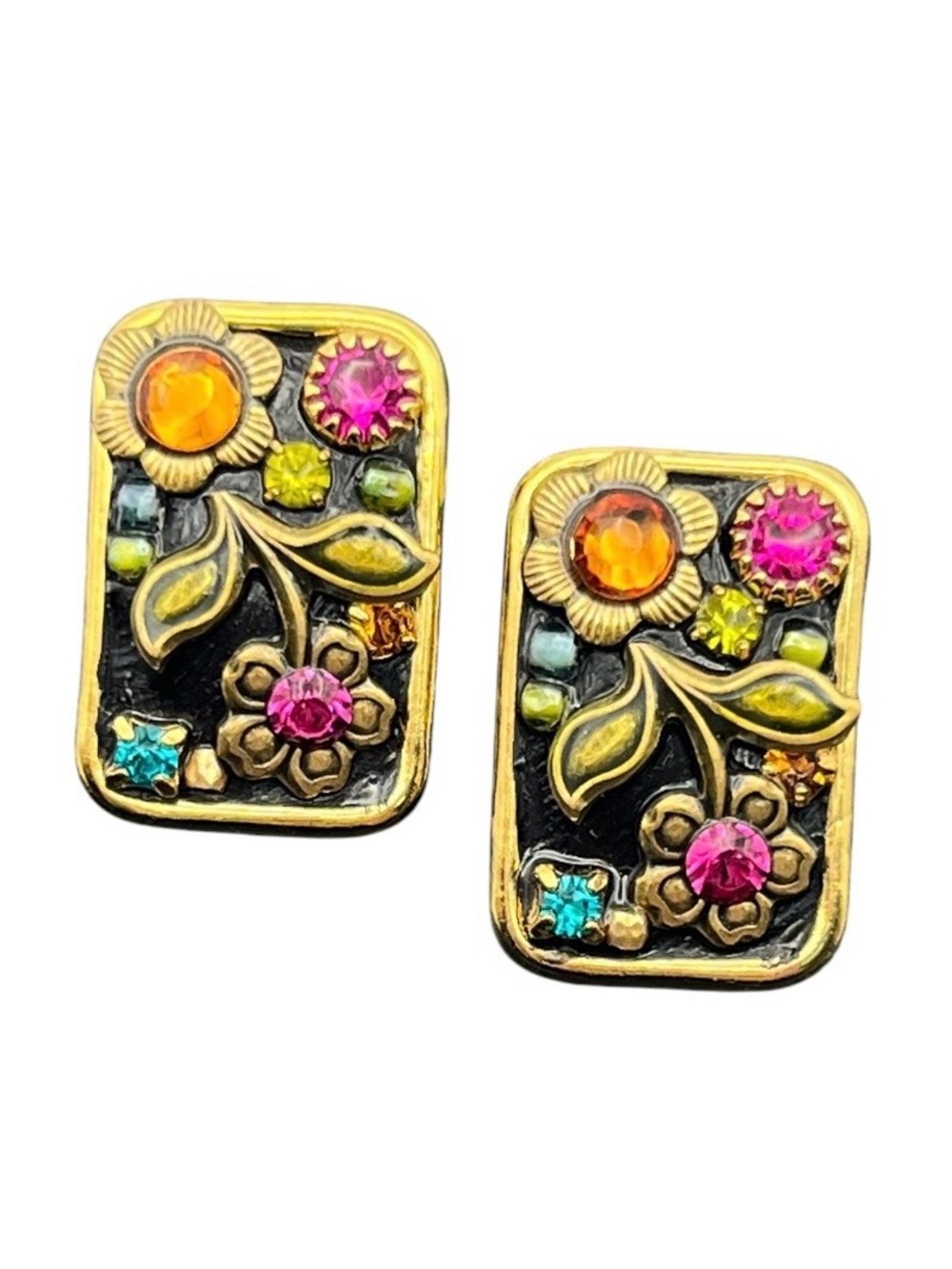 Michal Golan Midnight Garden enamel rhinestone rectangle clip on earrings flower